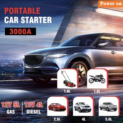 3000A Portable Starter Power Supply + Inflator Pump 7 in 1 Function