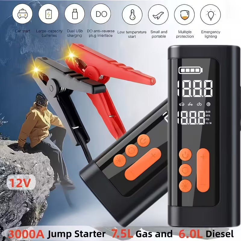 3000A Portable Starter Power Supply + Inflator Pump 7 in 1 Function