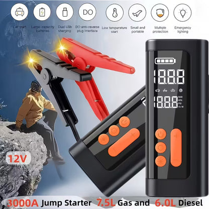3000A Portable Starter Power Supply + Inflator Pump 7 in 1 Function